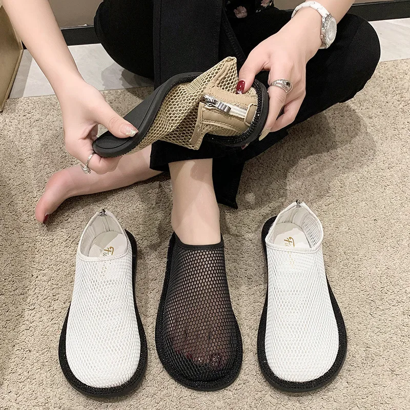 Spring Summer New Sandals Women Mesh Hollow Out Cool Boots Round Toe Breathable Flat Sandals Solid Zipper Casual Shoes for Women