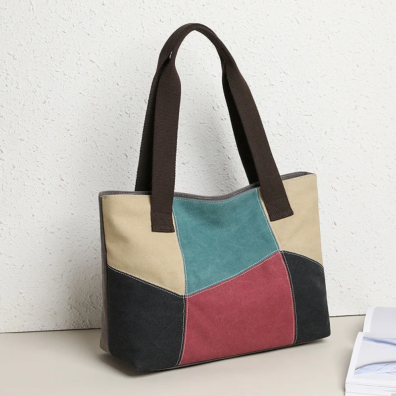 Nuevo bolso de hombro de lona de retales para mujer, bolso cruzado de mano de gran capacidad, bolsos informales de estilo étnico con colores contrastantes