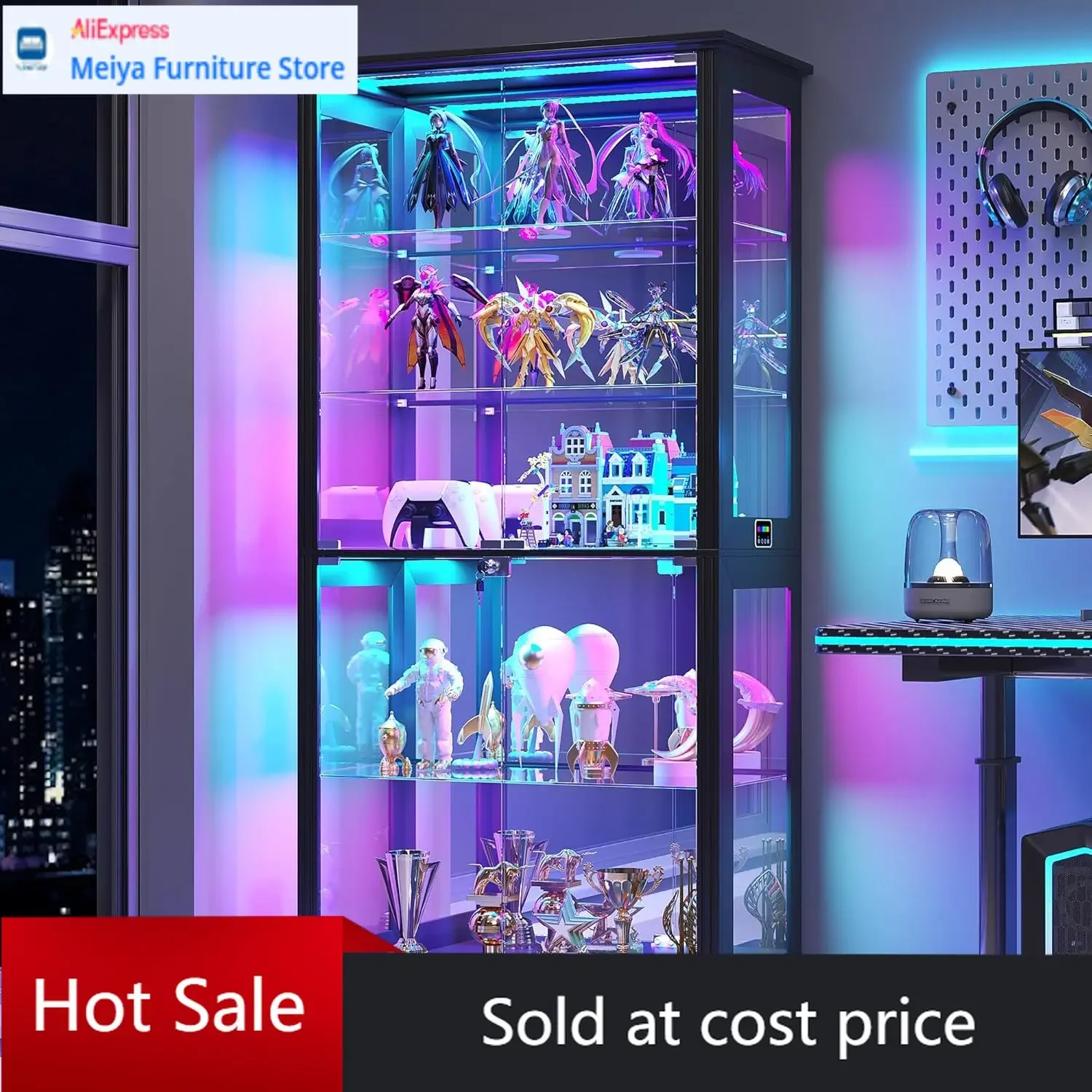 Black 71 Inch Tall Glass Door Curio Cabinet RGB LED Display Case Removable Shelf For Collectibles Books Medals Figures