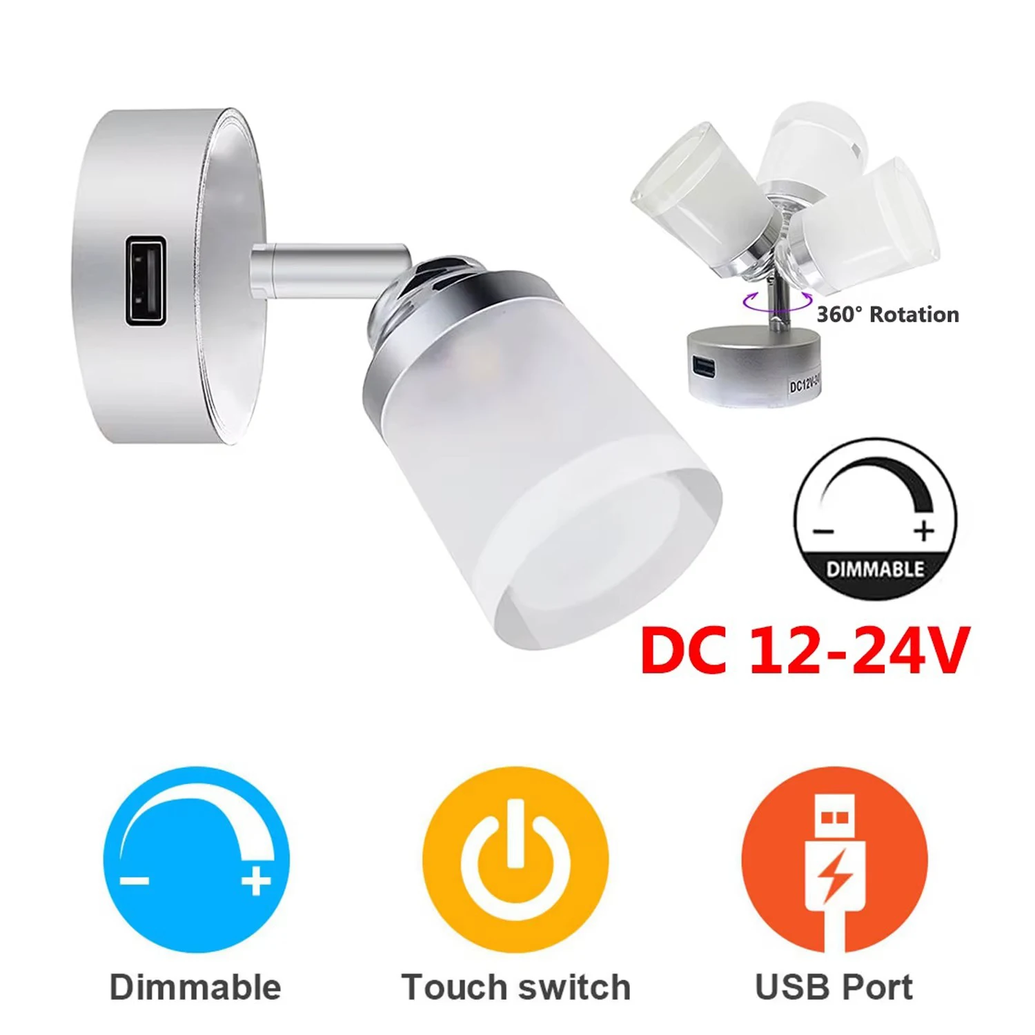 Touch Switch DC 12-24V RV Interior LED Lights with 5V USB Camper Van Caravan Boat Bedside Light Wall Light LED Cabinet Lamp