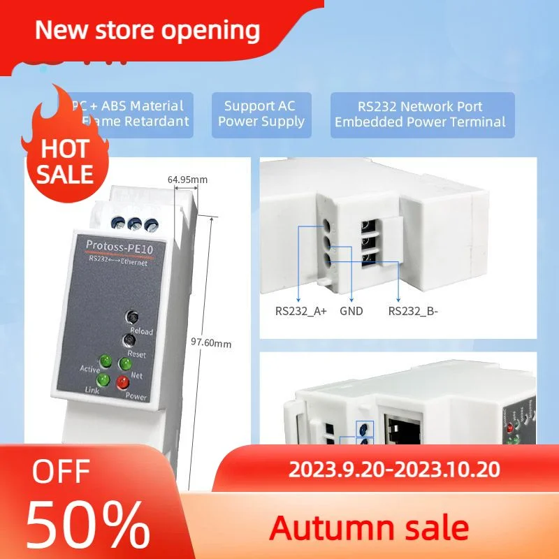 

HF Protoss-PE10 DIN-Rail Modbus RS232 Serial Port To Ethernet Converter Bidirectional Transparent Transmission Data Collector