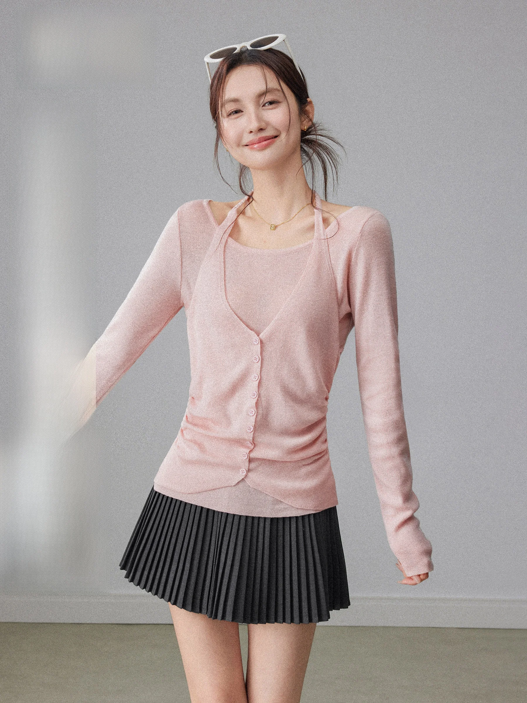 

Pink Knitted Ne Hanging Women's Top Slimming Waist Casual Sle Spring New Soft Fabric Long Sve Basic Length Color