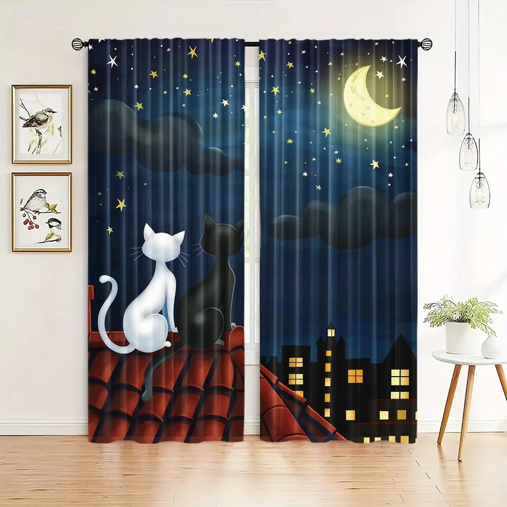 2 pieces of cat and full moon and star printed curtains on the roof, pole bag curtains, home decoration, room decoration