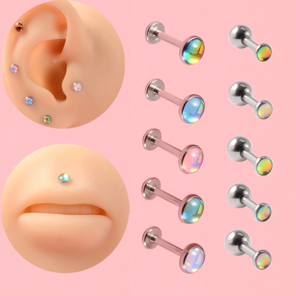 1Pc Flash Film Internally Thread Ear Tragus Cartilage Helix Stud Earring CZ Gem Opal Lip Labret Stud Piercing Body Jewelry 16g