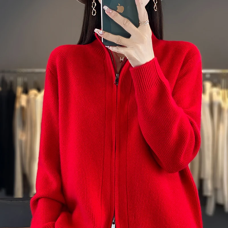 

Zipper Collar 100% Pure Wool Cardigan, Loose And Casual, Age Reducing Knitted Sweater, Cardigan Jacket, Autumn Winter New Style