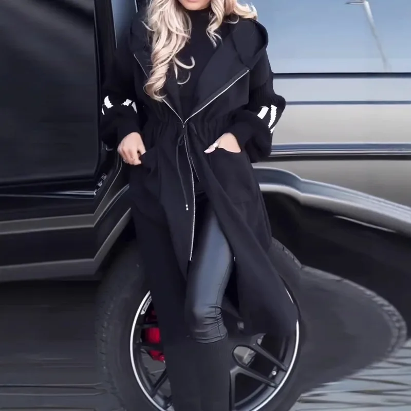 

Элегантное женское длинное пальто контрастная плюшевая вязаная куртка женские повседневные толстовки с завязками и карманами модная женская верхняя одежда