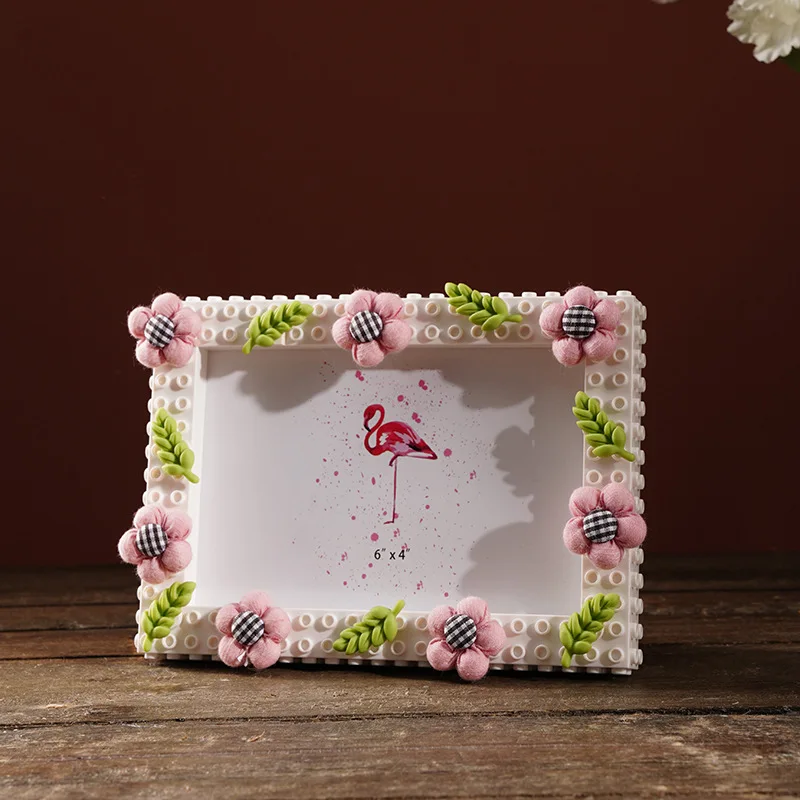 

6 "7" Horizontal Picture Frame,Hand-stitched 3d Jigsaw Picture Frame Pink Flowers Green Leaves Diy Can Be Creative Design Gift