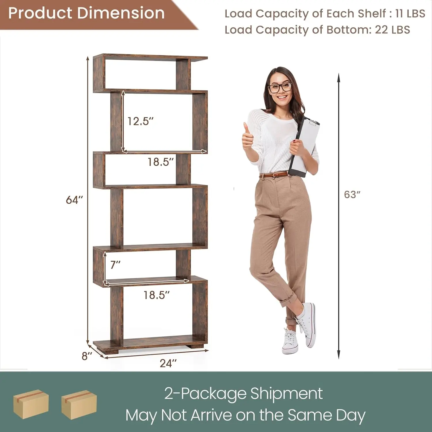 S Shaped 6 Tier Wood Bookshelf Geometric Bookcase Room Divider Display Shelf 64