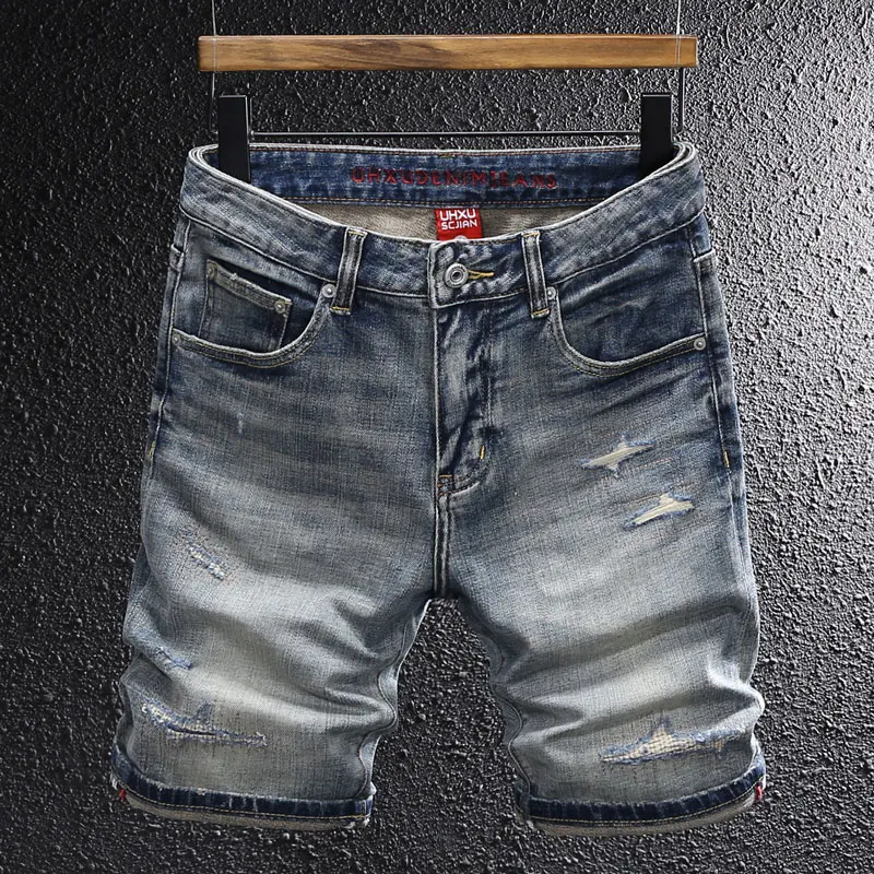 

Summer Designer Fashion Men Jeans High Quality Retro Blue Stretch Ripped Denim Shorts Men Vintage Y2K Casual Shorts Hombre