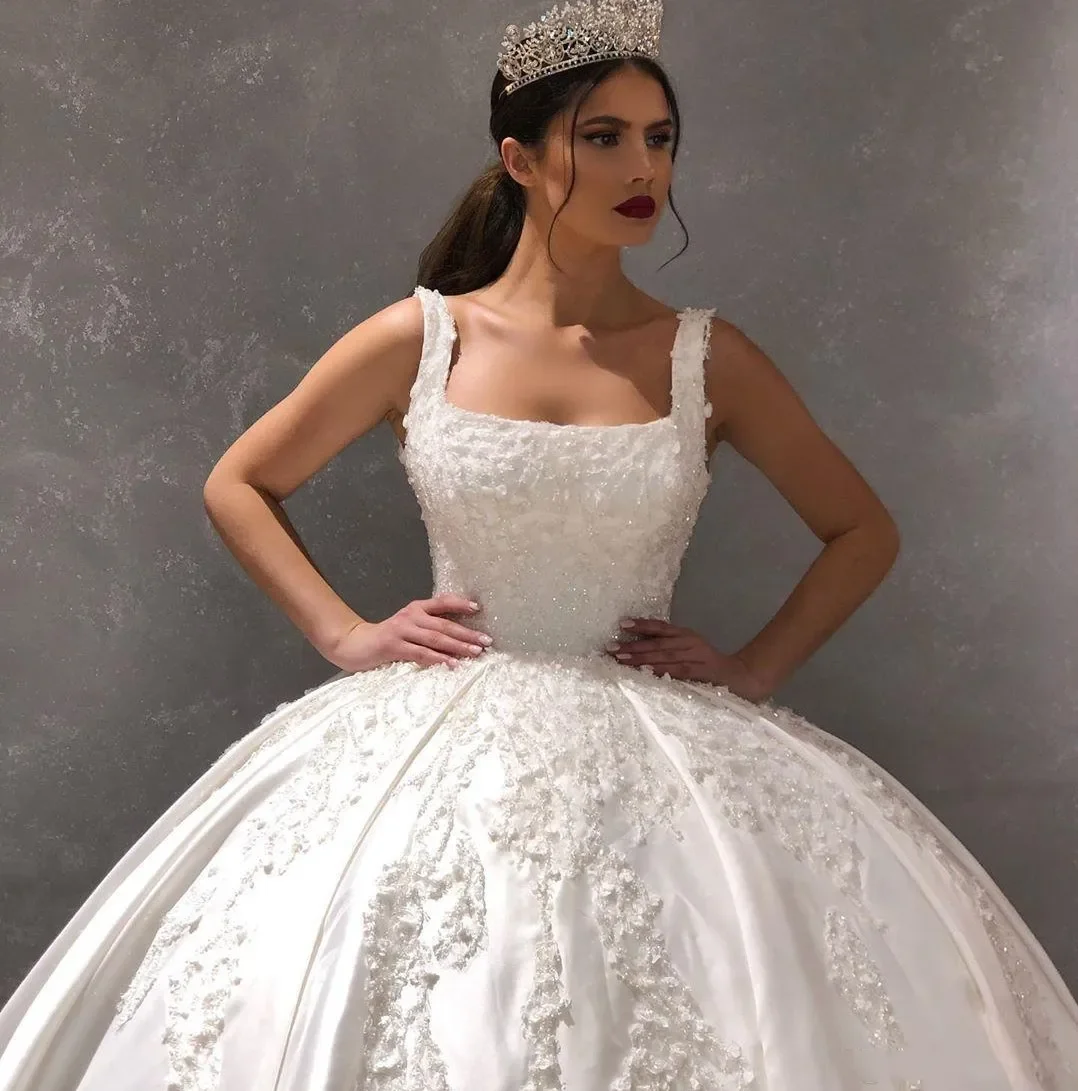 Customized Gorgeous Square Neck Wedding Dress Sequined Beads Pearls Ball Gown Bridal Robe De Mariee Vestido De Noiva