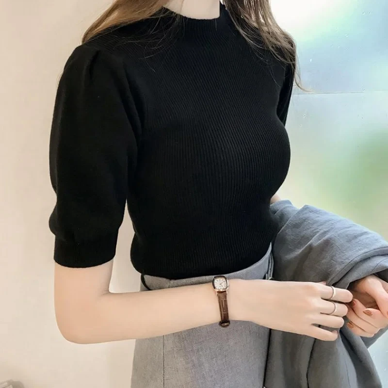 Elegant Half Turtleneck Knitted T-shirts Fashion Summer Casual Puff Sleeve Blouses Spring Slim Shirt Solid Simple Tops Clothing