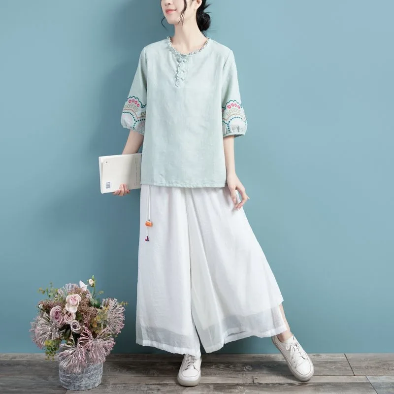 

Spring Summer Women Cotton Linen Embroidered Blouse High
