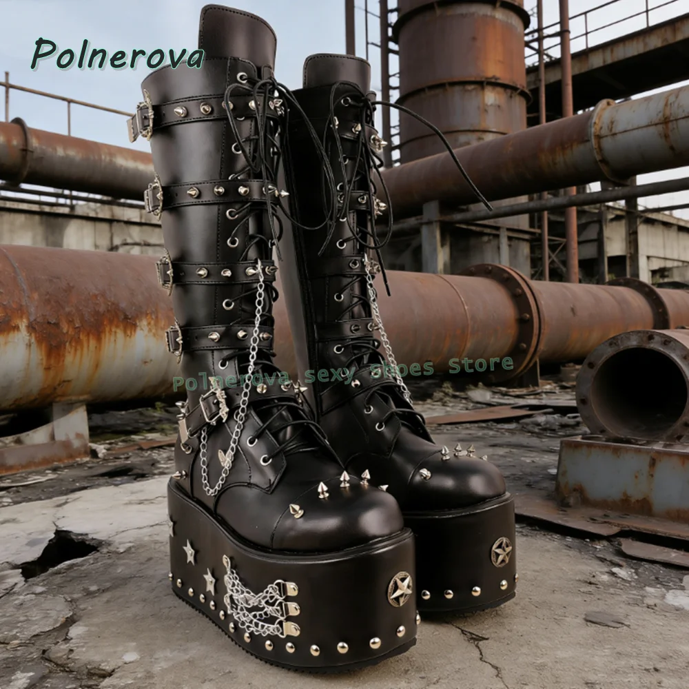 Women's Goth Platform Knee High Boots Black Studded Buckle Chain Star Decor Punk Chunky Sole Alternative Fashion Shoes for Club