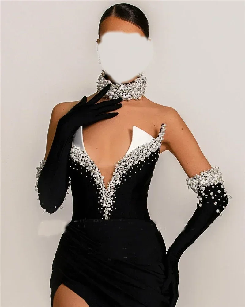 Customized Sexy Side Seam High Slit Luxurious Shining V Neck Elastic Jersey Evening Dresses Woman  Formal Dress Women Elegant