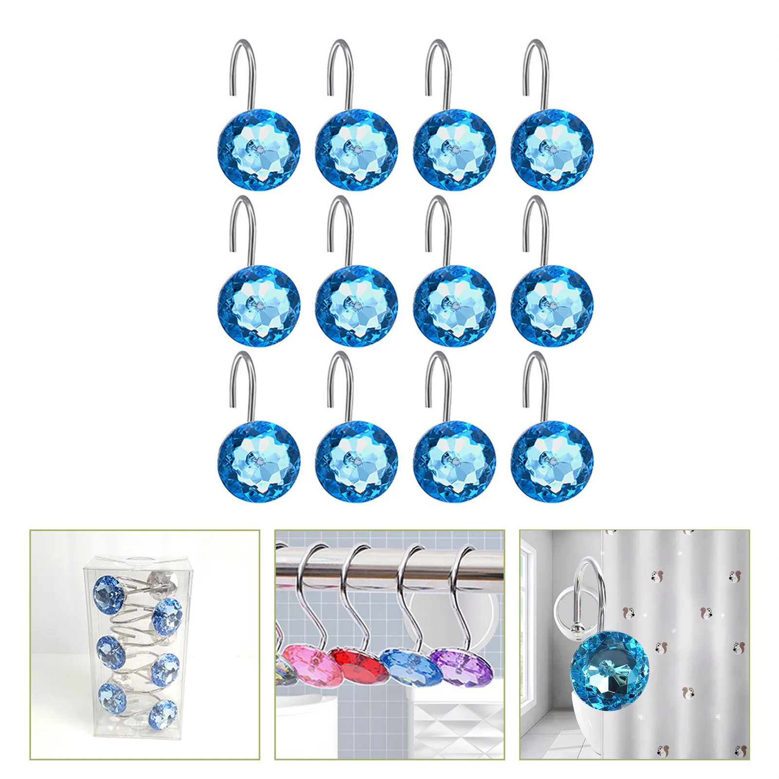 12Pcs Crystal Shower Curtain Hooks Acrylic Decorative Bathroom Curtain Rings Rust Proof Smooth Polished Shower Hooks
