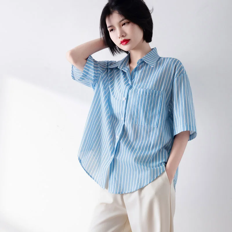 الأزرق الأبيض مخطط قمصان النساء قصيرة الأكمام ملابس الصيف جيب واحدة الصدر قمم قمصان بلوزة