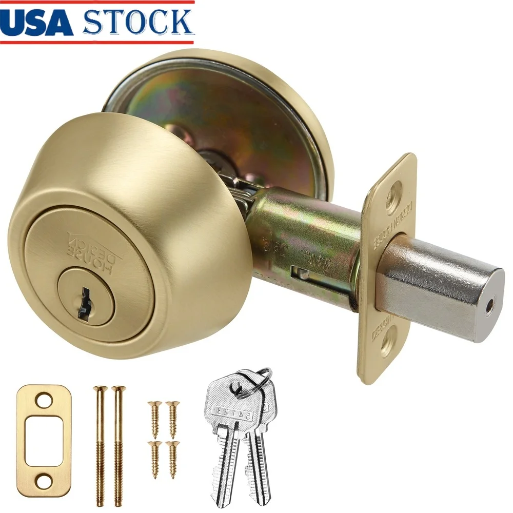 

Single Cylinder Deadbolt Lock Satin Gold Finish Adjustable Reversible Latch Durable Security Left Right Hand Doors