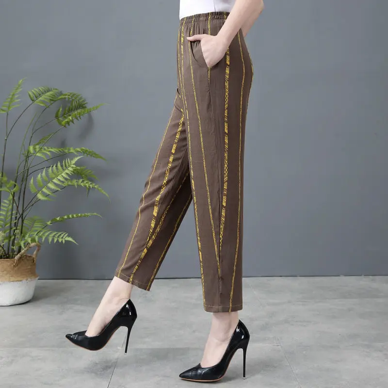 

2023 Summer Fashion Elastic High Waist Slim Stripe Contrast Color Pocket Casual Loose Versatile Women's Small Foot Harlan Pants