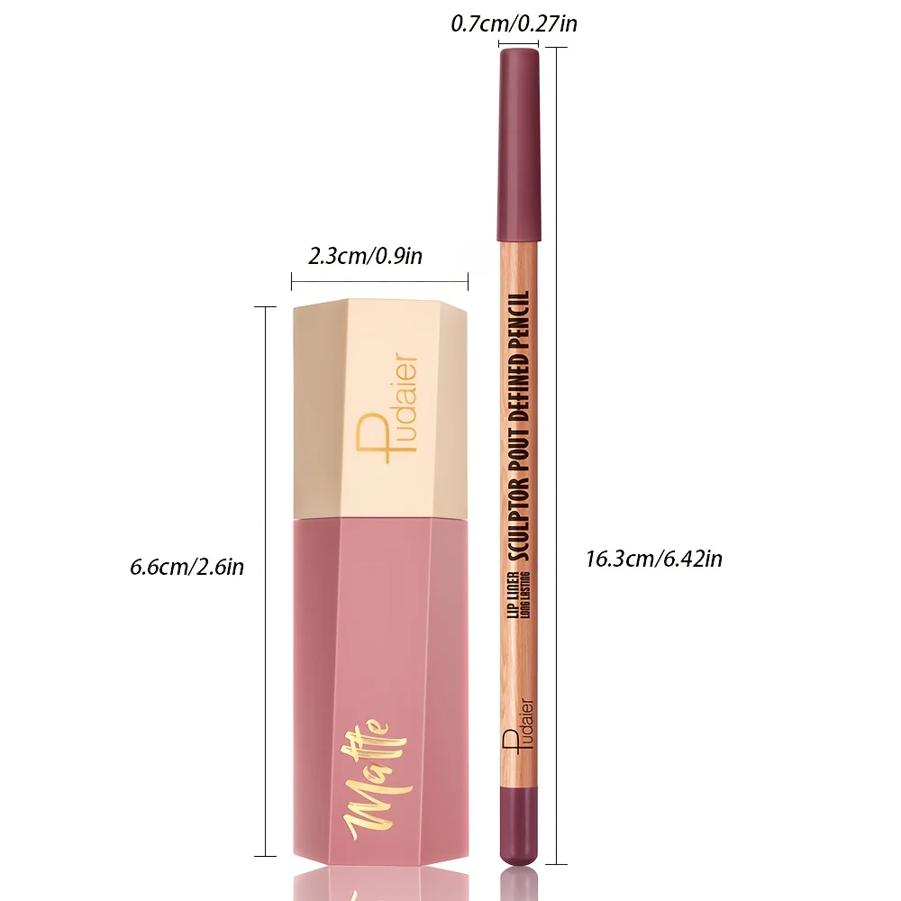 1 conjunto de brilho labial fosco e conjunto de canetas de delineador labial, de longa duração, à prova d'água, não é fácil de borrar, textura de veludo
