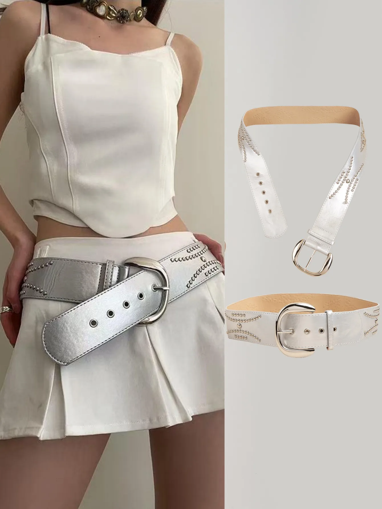 1pc women's silver punk light luxury casual rivet wide belt jeans skirt versatile decorative belt suitable for daily travel