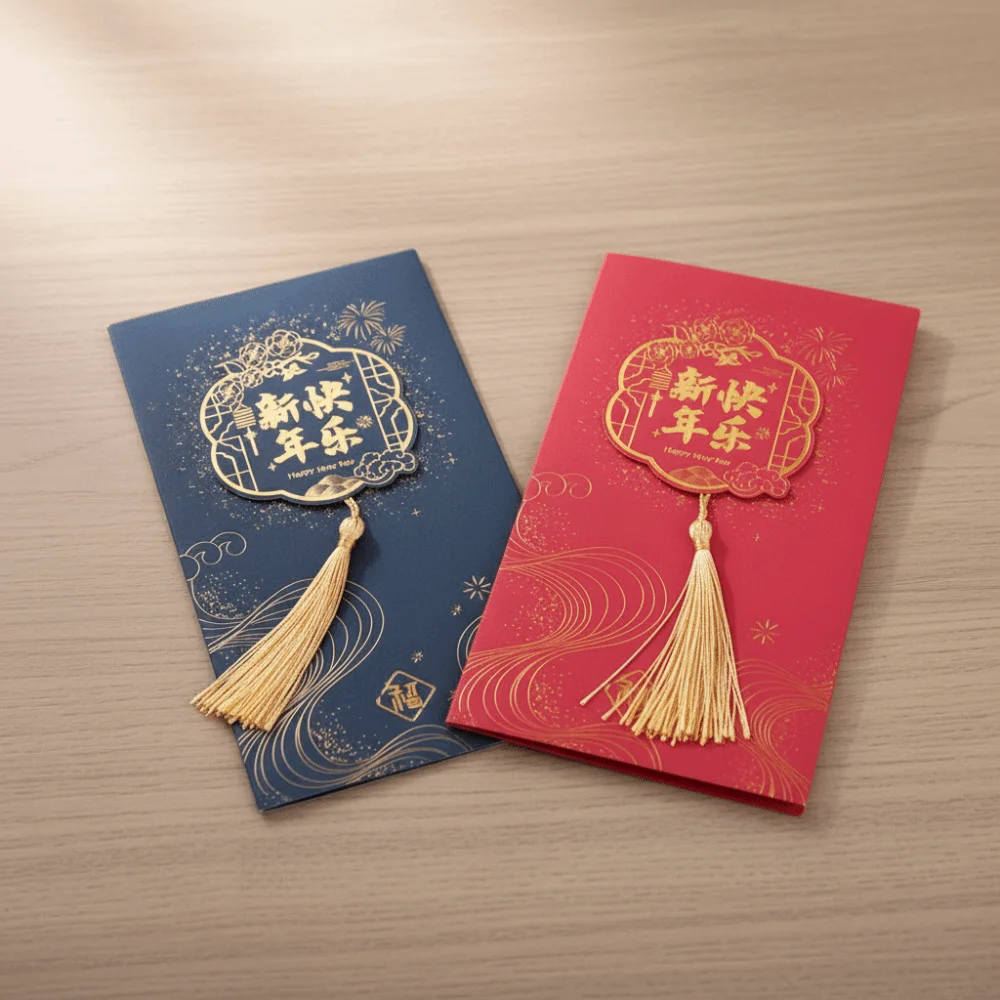 

Hot Stamping Chinese New Year Greeting Card Rectangular with Tassel Party Invitation Cards Chinese Style