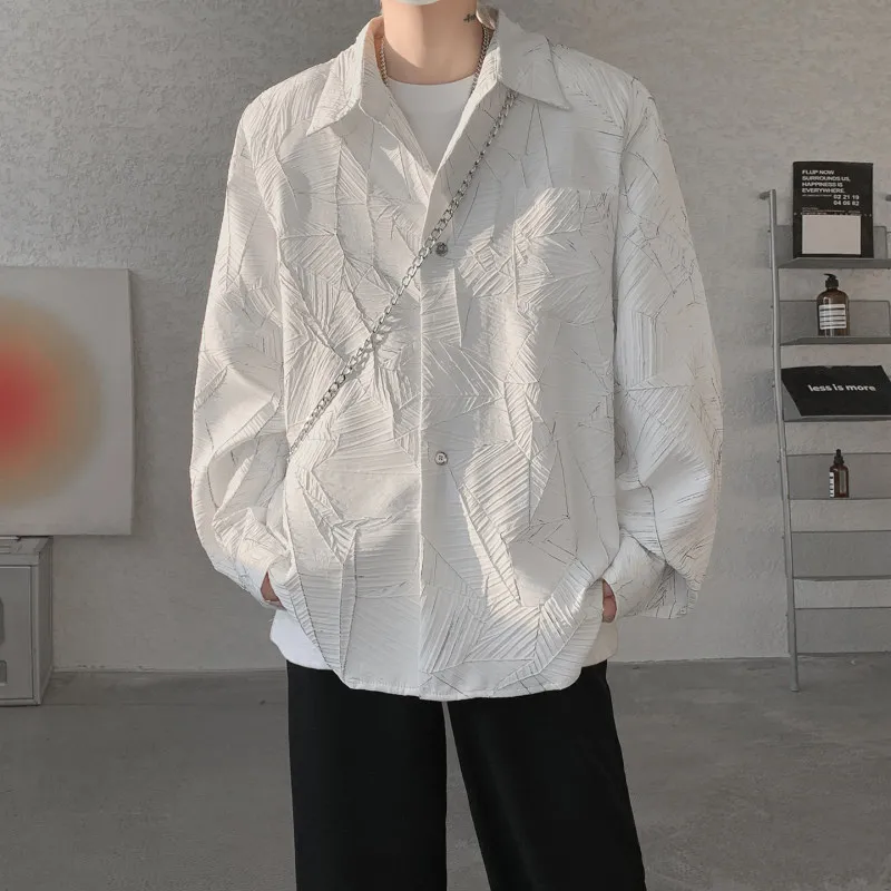 

Loose Men's Shirt Shoulder Pads Cracked Texture 3D Sensation Korean Style Casual Long Sleeve Button up Floral Print Shirt