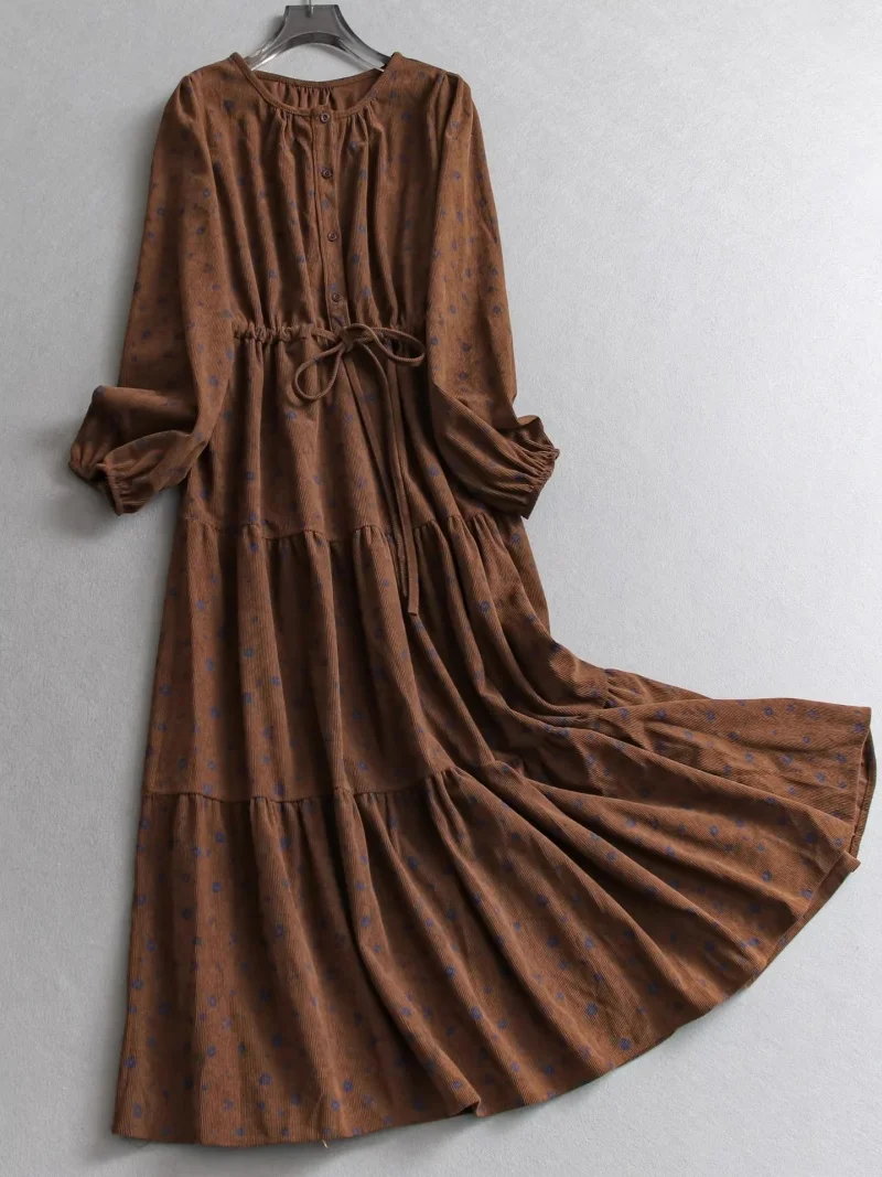 Corduroy overhemdjurk voor dames Franse stijl 2026 - Daisy Print Ronde hals Bubble Sleeve Lange losse jurk met trekkoord W2042
