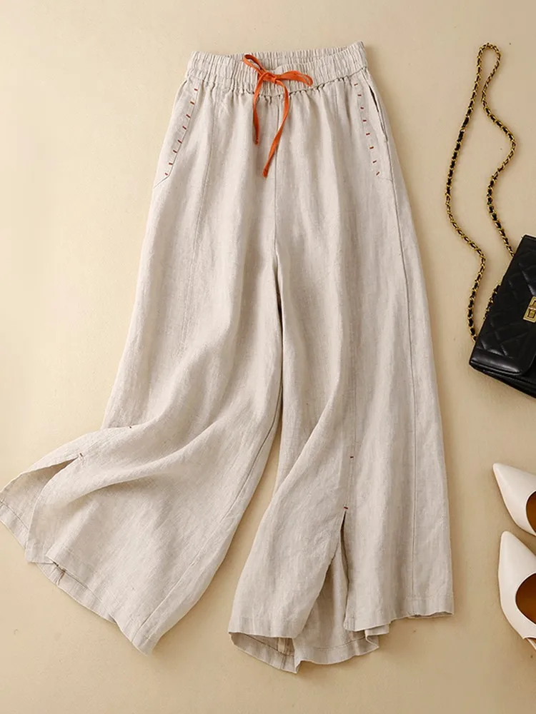 

Women Ankle-length Casual Pants New 2022 Vintage Style Loose Comfortable Cotton Linen Female High Waist Wide Leg Pants B1798