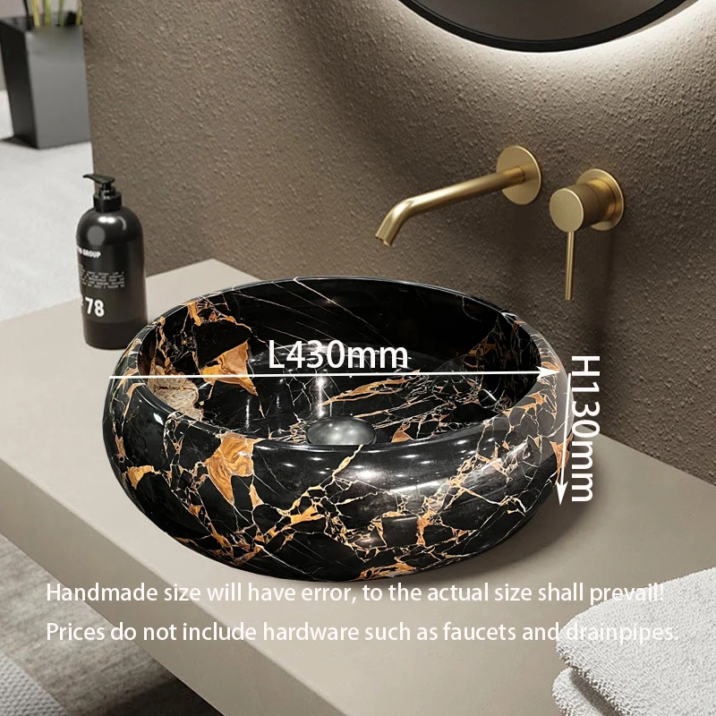 Umywalka łazienkowa z naturalnego marmuru Portoro, najnowszy design, polerowany kamień, okrągła, czarna marmurowa umywalka.
