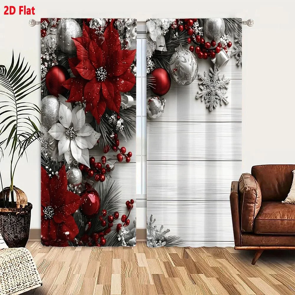 2Pcs Curtains Festive Christmas Decor With Red And White Poinsettias Silver Baubles Green Pine Berries And Snowflakes Window Dra