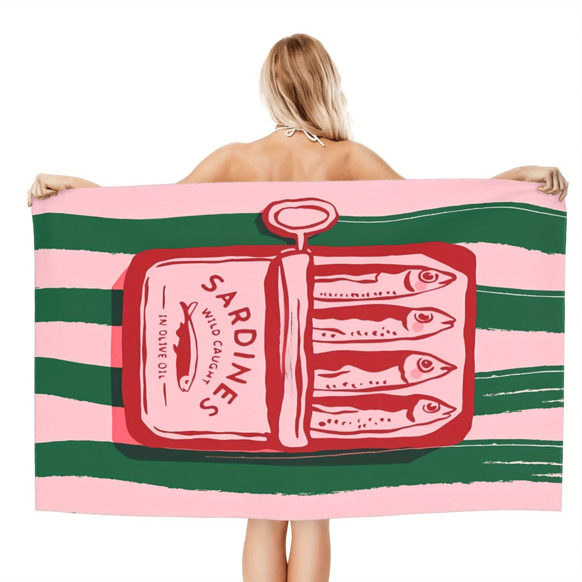 1pc Sardines Vintage Food Design Beach Towel, Coastal Maximalist Print with Pink Stripes, for Pool, Gym, Yoga, Spa