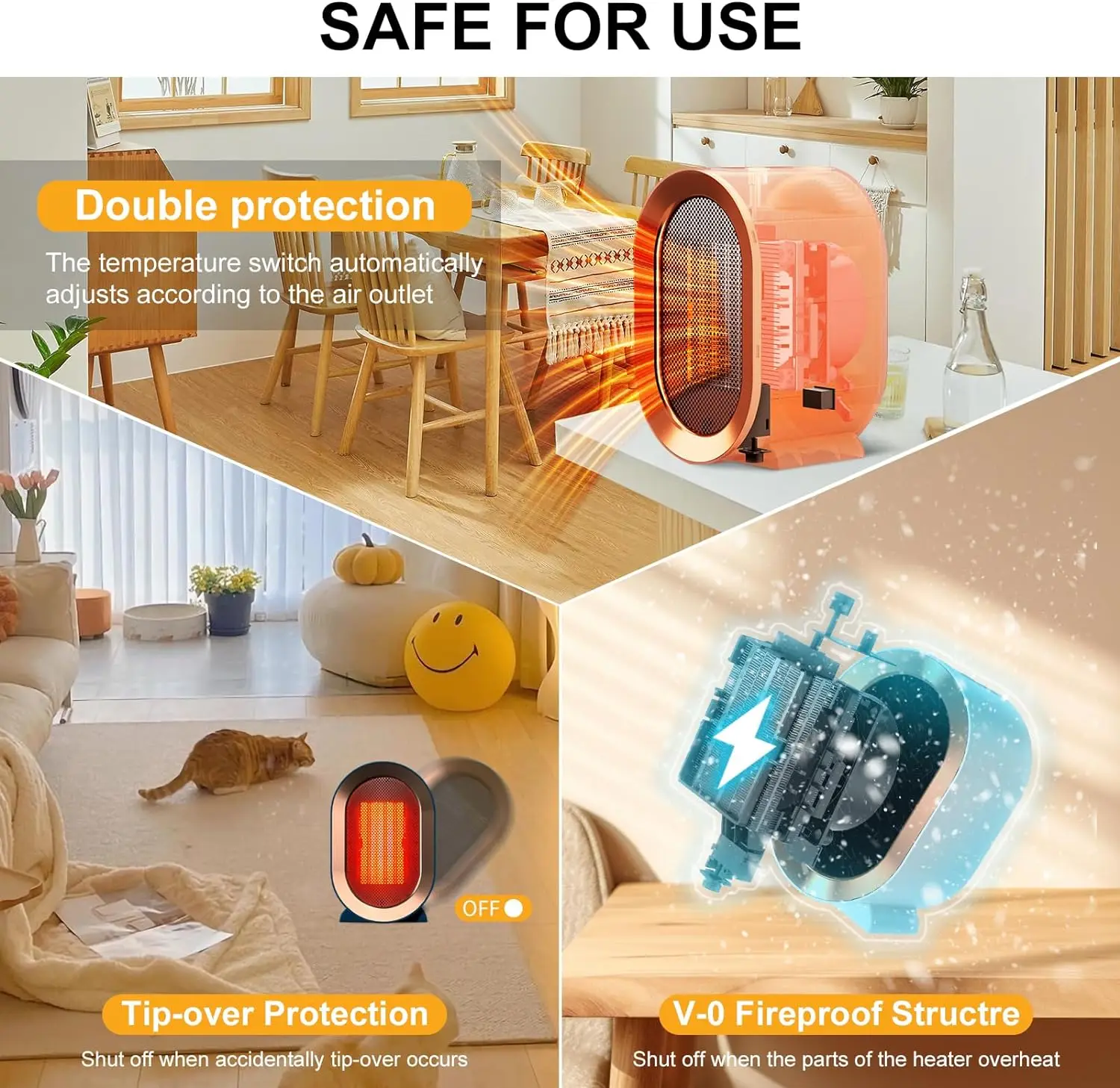 Aquecedor elétrico portátil para quarto, aquecimento rápido, banheiro, sala de estar, escritório, desktop, cerâmica PTC, ventilador de ar quente, 1200W, inverno