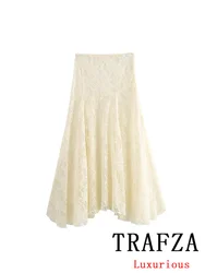 TRAFZA Vintage Casual Chic Women Skirt Solid Lace Zipper Long A-Line Skirt New Fashion 2024 Autumn Holiday Female Long Skirt