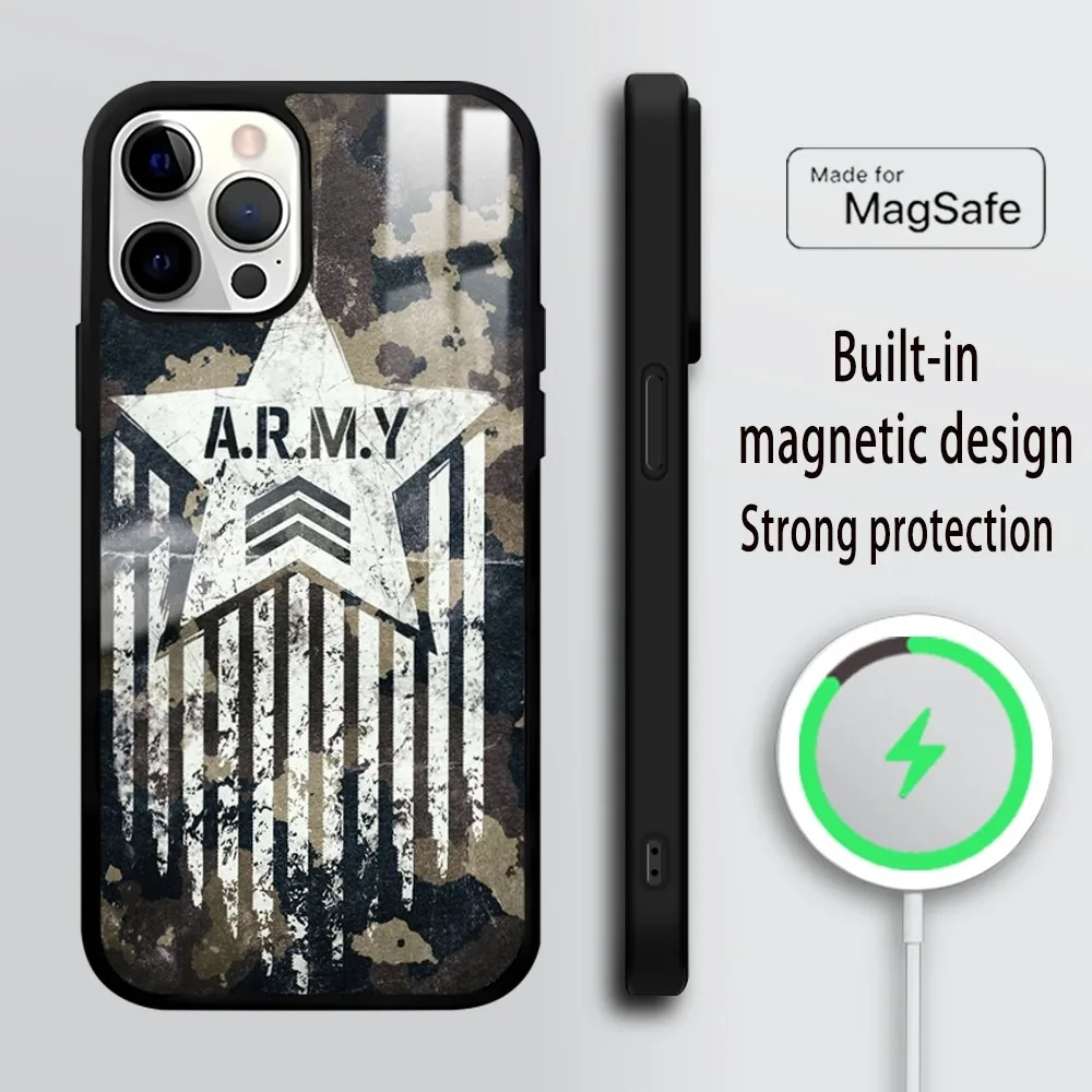 Camouflage Camo Army Phone Case For iPhone 16 15 14 13 12 11 Pro Max Plus Mini Mirror Wireless magnetic case