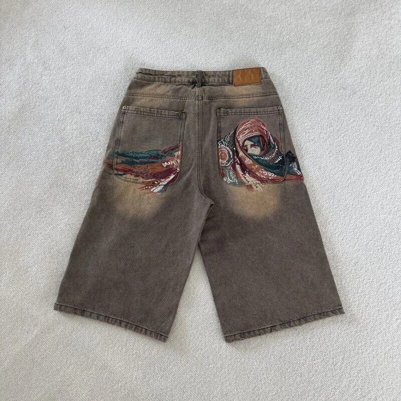 Retro American Streetwear Embroidered Logo Washed Casual Straight Leg Jeans Shorts for Men And Women Summer Wear Daily Style
