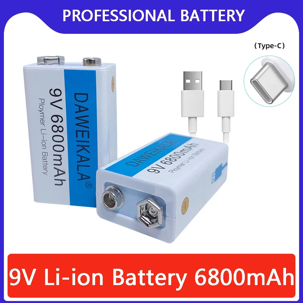 

9V battery 6800mAh Rechargeable lithium battery Type-C Battery 9v for Multimeter Microphone Toy USB charging cable fast charging
