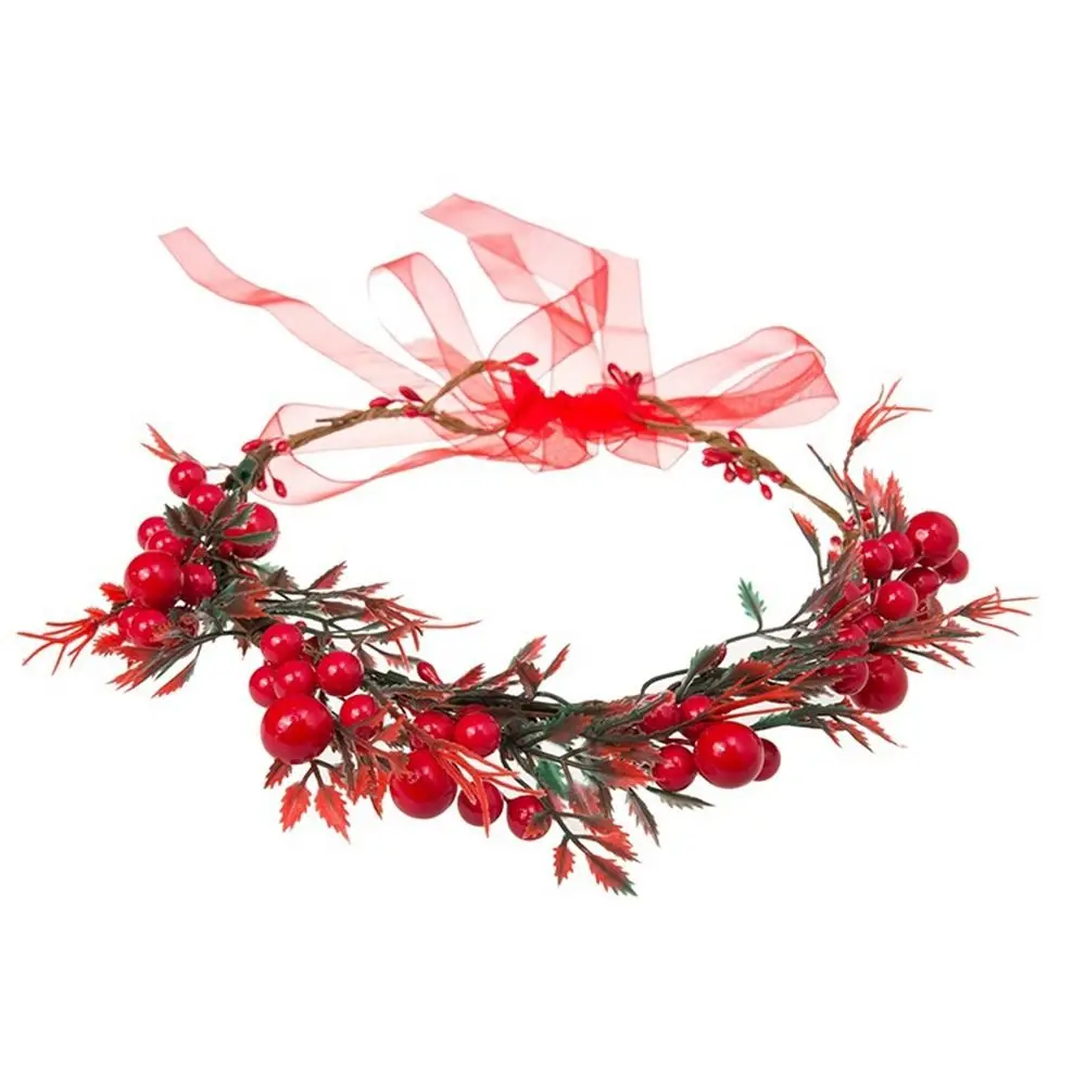 For Girls Cloth Rose Flower Wedding Party Hairband Wreath Decoration Red Berry Garland Women Headwear Crown Flower Headband