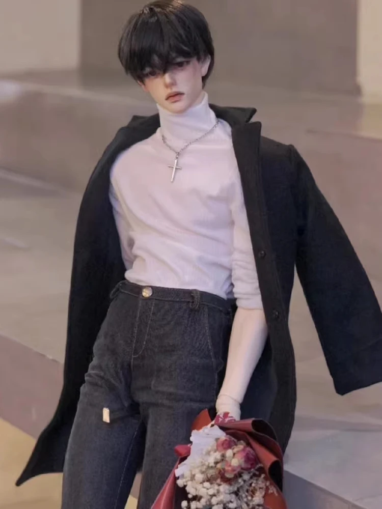 D09-P690 Kinder handgemachtes Spielzeug Onkel ID75 uf75 BJD Puppenkleidung Schwarzer Wollmantel 1St