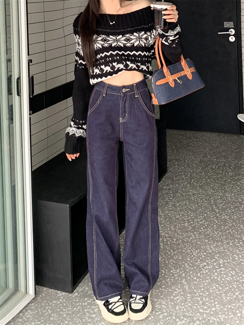 Women's Autumn Deep Indigo Denim Pants High Waist Wide Leg Floor Length Pants Drape Loose Hide Fat Long Leg
