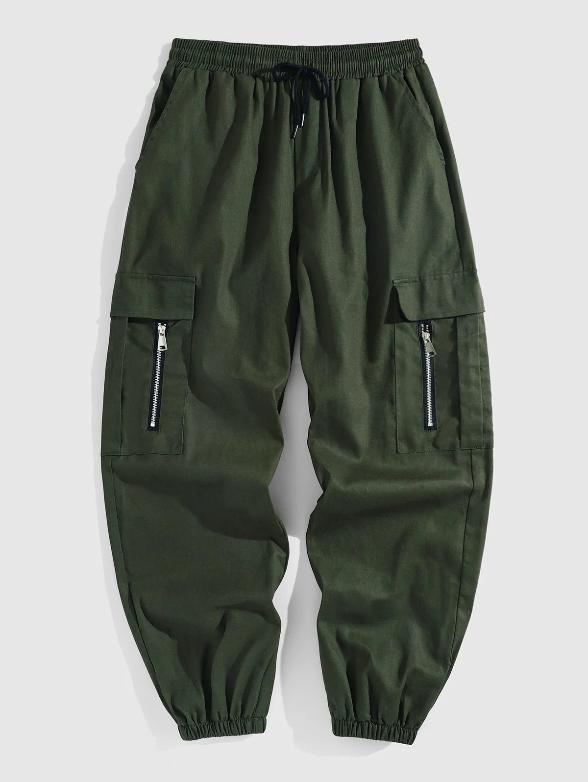 Men's Solid Color Zip Pockets Design Drawstring Beam Feet Techwear Cargo Pants