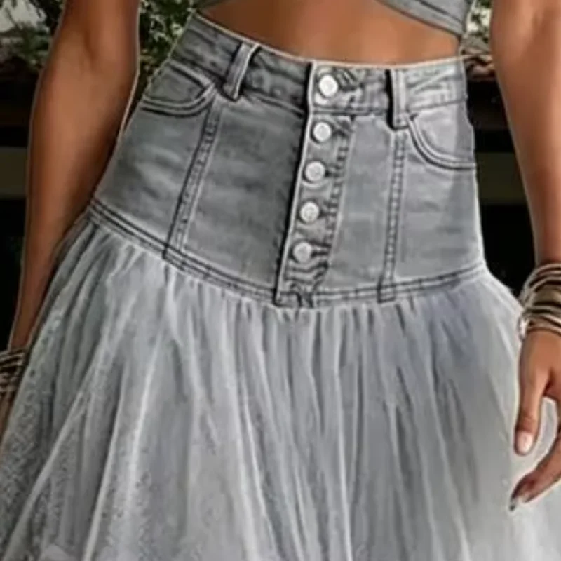 Mesh Splicing Maxi Skirt, Soft Breathable Patchwork Hip Covering Versatile Maxi Skirt for Party Beach Wedding Night Out
