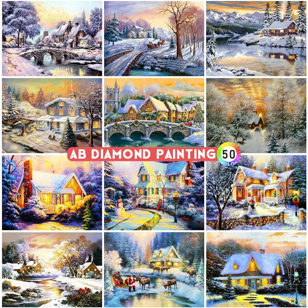 AB Diamond Painting 5D House Cross Stitch Kits Embroidery Winter Mosaic Hot Sale Landscape Rhinestones Drill DIY Wall Stickers