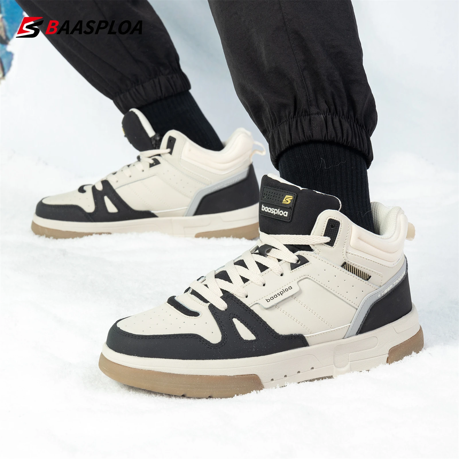 Baasploa Men Cotton Shoes Winter Comfort Plush Warm Casual Shoes for Men Fashion High Top Casual Sneakers Non-Slip Outdoor Male