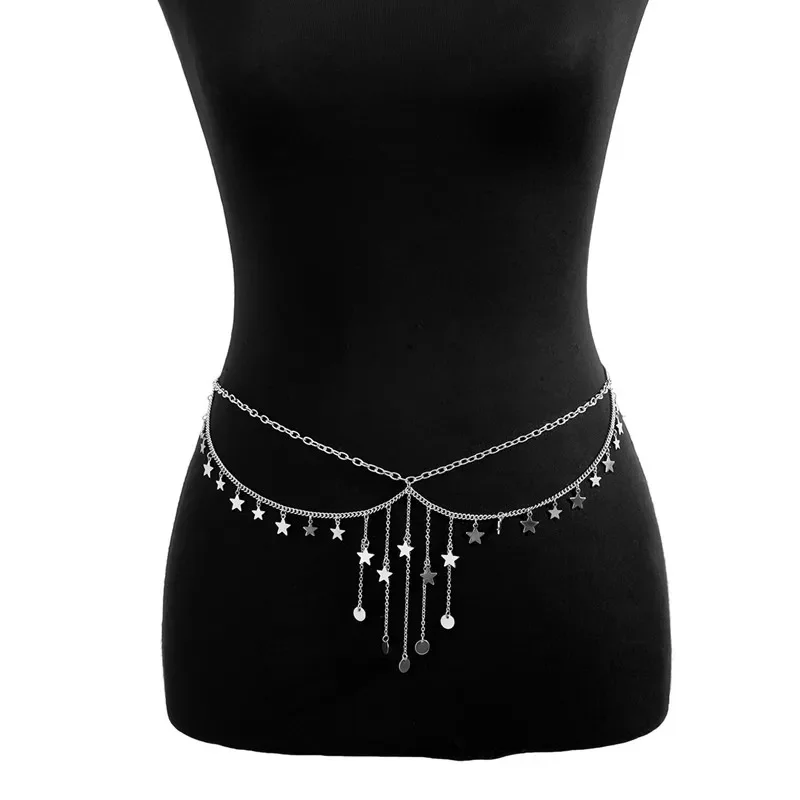 Ladies' Metal Waist Chain Fringed belt Thin Decorative Belt For Dress, Belly Dance Gold-Color