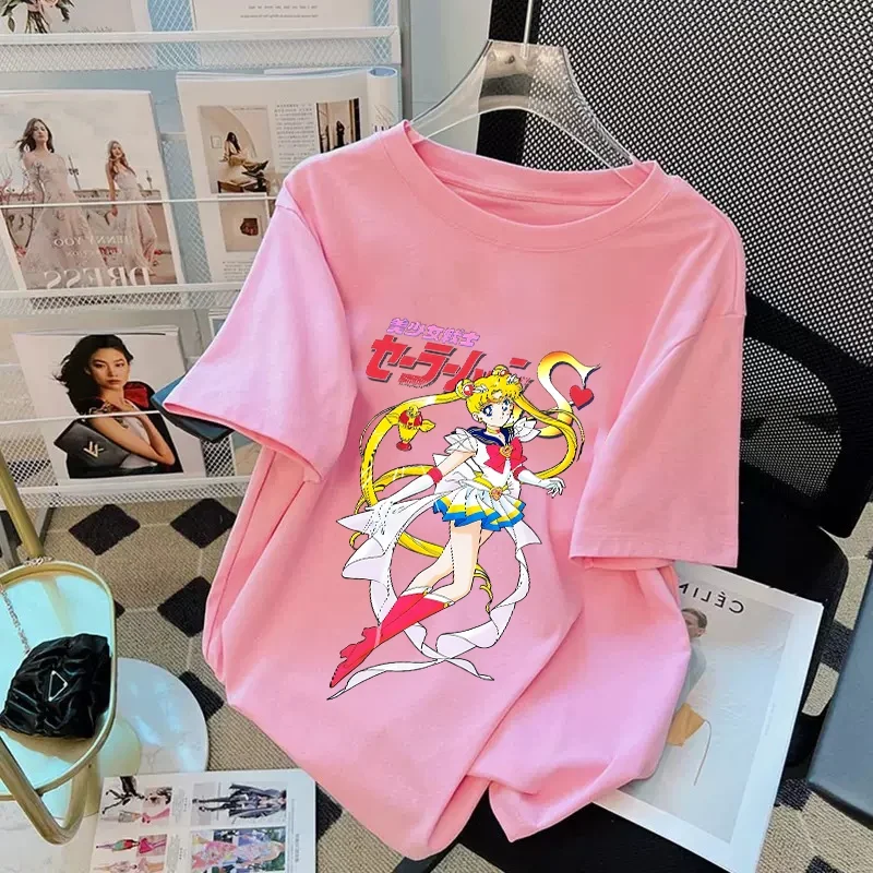 

Sailor Moons T-Shirt Summer Cotton Skin-friendly Crew Neck Loose Breathable Street Harajuku Tops Cartoon Anime Pink Clothes Gift