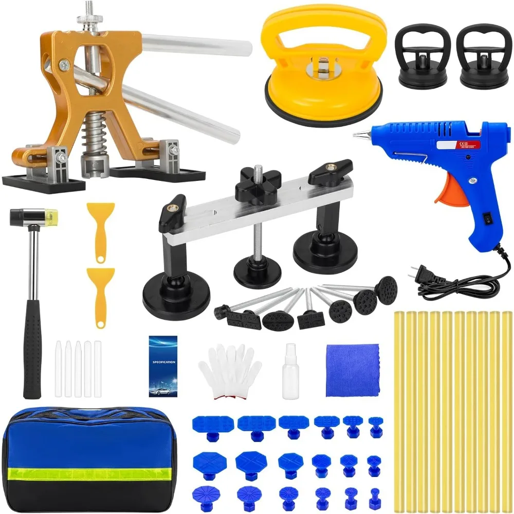 

Professional Car Dent Removal Kit with Golden Lifter, Bridge Puller, and Suction Cup for Easy Repair