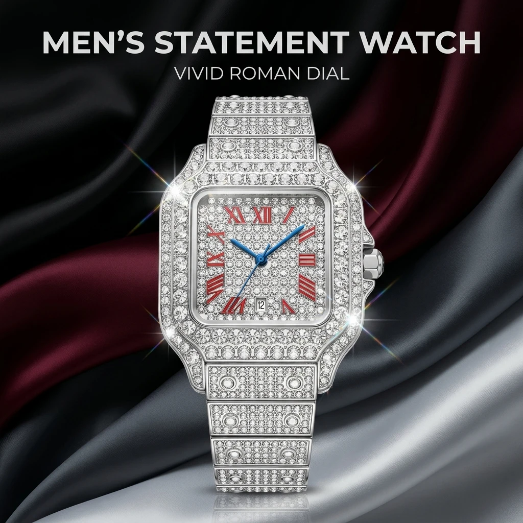 Men's square plate reading watch, block face splicing shape strap, light luxury collection style