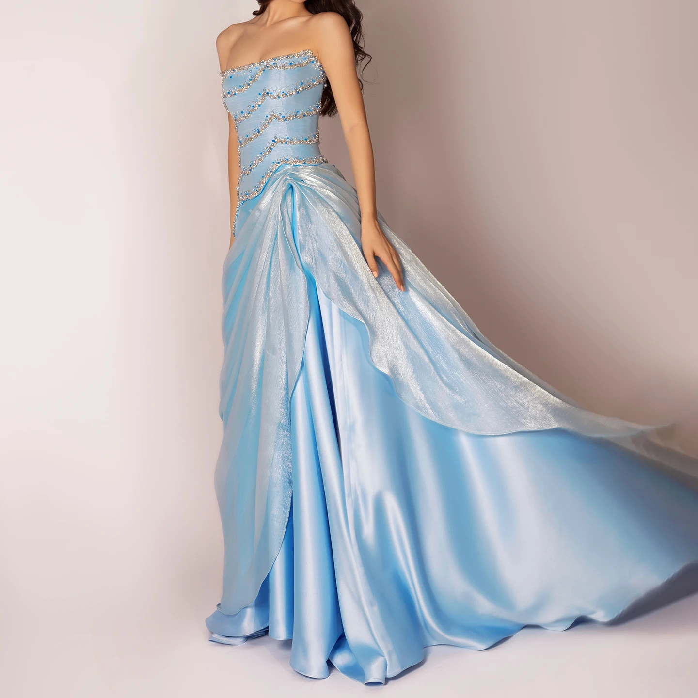 Blue Strapless Satin Mermaid Evening Dresses Simple Sleeveless Pearls Prom Gowns Formal Party Woman Wedding Dress Customized