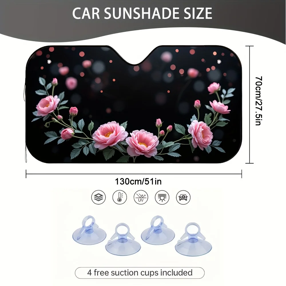 1pc Valentine'S Day Floral Heart Car Sun Visor - Cooling Gel, Reduces Interior Heat, Pink Roses & Black Background Design, Perfe