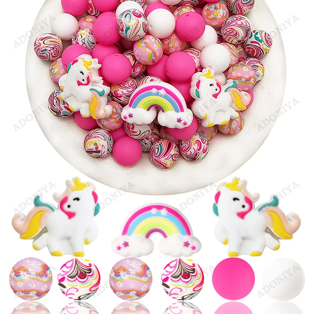 32Pcs Rainbow Animal Series Silicone Beads Set DIY Beaded Necklace Bracelet Decoration Pen Jewelry Pendant Etc. Holiday Birthday Gift